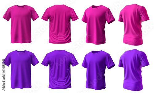 2 Set of magenta purple tee t shirt round neck front, back and side view on transparent background cutout, PNG file. Mockup template for artwork graphic design. 