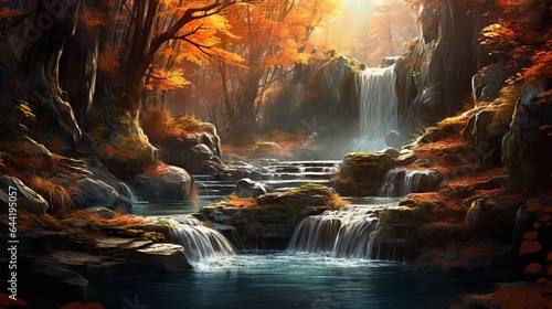 autumn waterfall in the forest landscape beautiful nature.