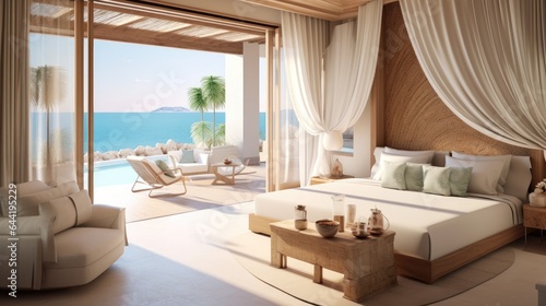 Luxurious resort interior bedroom. Generative AI © piai
