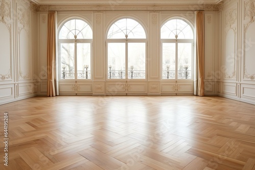 Room with beautiful oak parquet flooring. Generative AI © Vadym