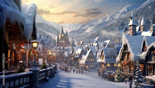 Snowy Christmas village celebrations, picturesque towns © gfx_nazim