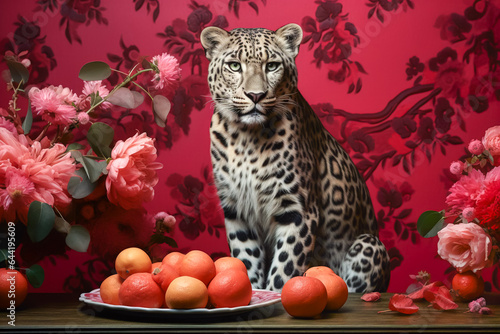 Bold aesthetic concept animal illustration. A cheetah stands in a noble mansion. Abstract  surreal  elegant  vivid pink or red. Fruits  flowers  furnishings  and elegance. Made with Generative AI