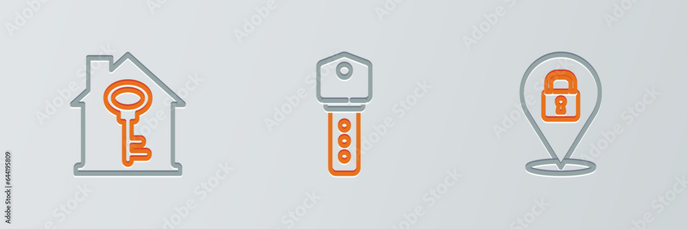 Set line Location lock, House with key and icon. Vector Set line Location lock, House with key and icon. Vector
