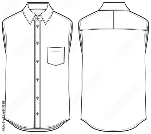 Men's sleeveless button down shirt flat sketch illustration, Woven sleeveless shirt fashion illustration drawing template mock up
