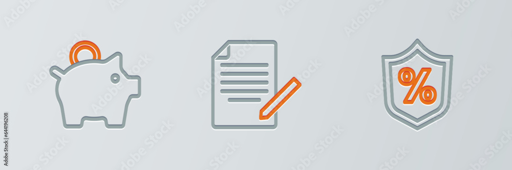 Set line Loan percent, Piggy bank and Document and pen icon. Vector Set line Loan percent, Piggy bank and Document and pen icon. Vector