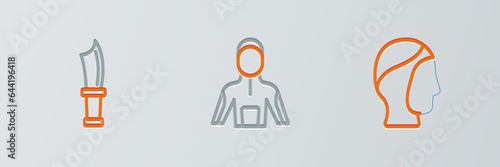Set line Diving hood, knife and Wetsuit for scuba diving icon. Vector