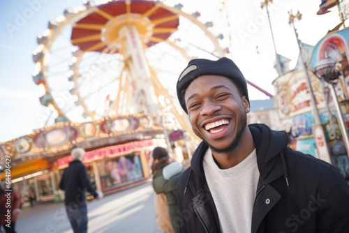 Smiling young Afro man having fun in amusement park Prater in Vienna