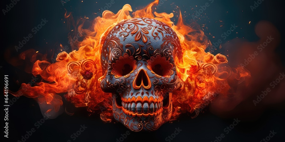 Generative AI Sugar Skull (Calavera) to celebrate Mexico's Day of the Dead (Dia de Los Muertos) on fire Generative AI Sugar Skull (Calavera) to celebrate Mexico's Day of the Dead (Dia de Los Muertos) on fire
