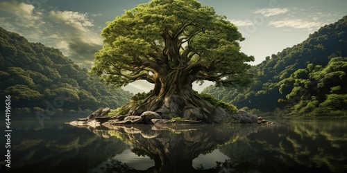 Photographie The tree of life - an eternal tree growing in an empty gaia landscape
