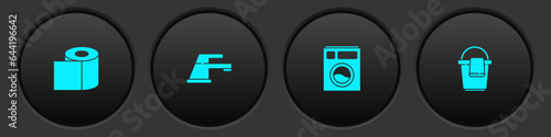 Set Toilet paper roll, Water tap, Washer and Bucket with rag icon. Vector