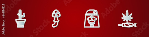 Set Cactus, Psilocybin mushroom, Hippie girl and Marijuana joint, spliff icon. Vector