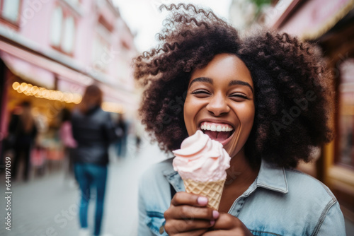 Smiling young woman with ice cream having fun in amusement park Prater in Vienna photo