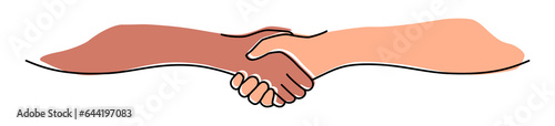 Handshake, agreement, introduction banner hand drawn with single line. Women or men shake hands. Png illustration isolated on transparent background