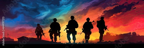 Silhouette of a platoon of army soldiers at sunset