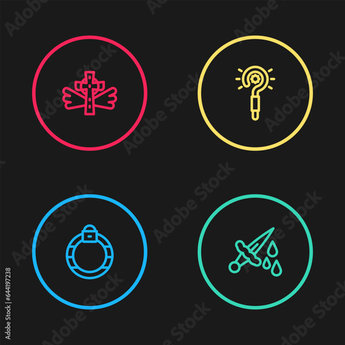 Set line Magic stone ring, Sword with blood, wand and Christian cross icon. Vector