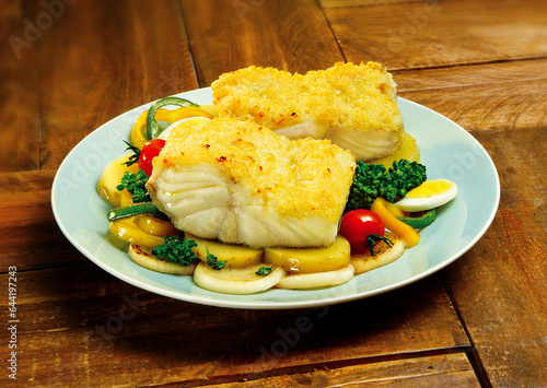 Prato com posta de bacalhau gratinado ao forno acompanhado de batata, cebola, brócolis e ovo cozido sobre mesa de madeira rústica - bacalhoada