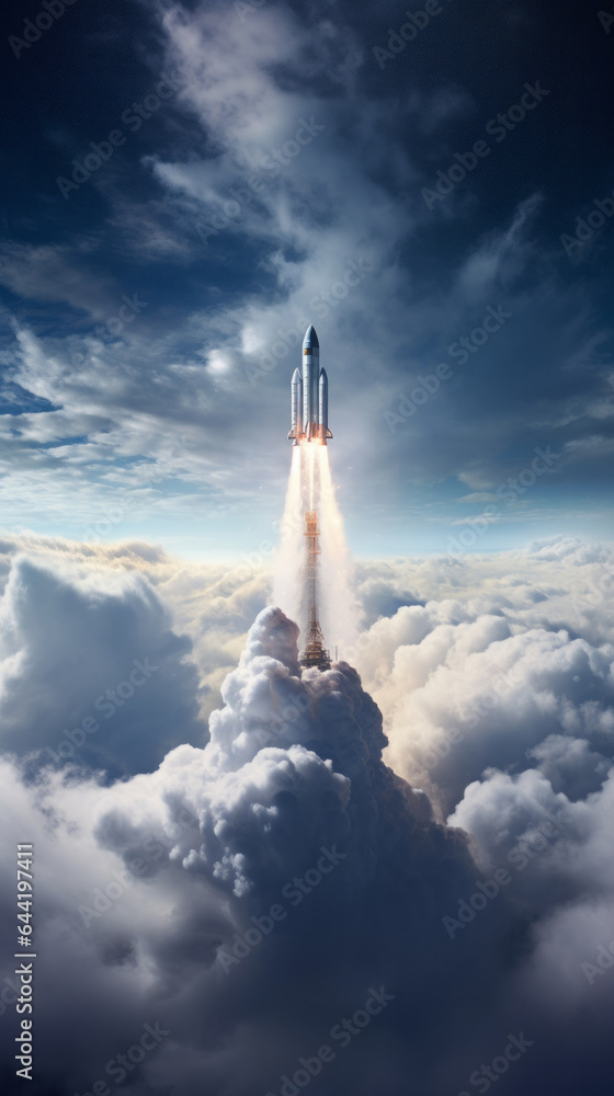 A rocket launching into the sky above clouds