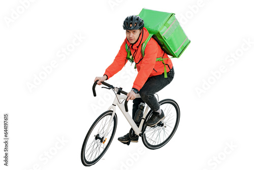 Fototapeta Naklejka Na Ścianę i Meble -  Cyclist courier a man in a helmet rides a bicycle to work. Stylish convenient eco transport in the city. The deliveryman is a confident person riding a bike.