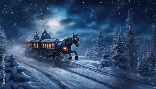 Starry Christmas night sleigh ride, celestial journey, happy Christmas