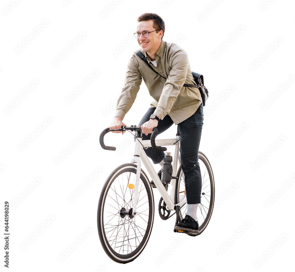 A male cyclist rides a bicycle to the office. Stylish eco transport in the city. A happy man rides a bike. A male cyclist rides a bicycle to the office. Stylish eco transport in the city. A happy man rides a bike.
