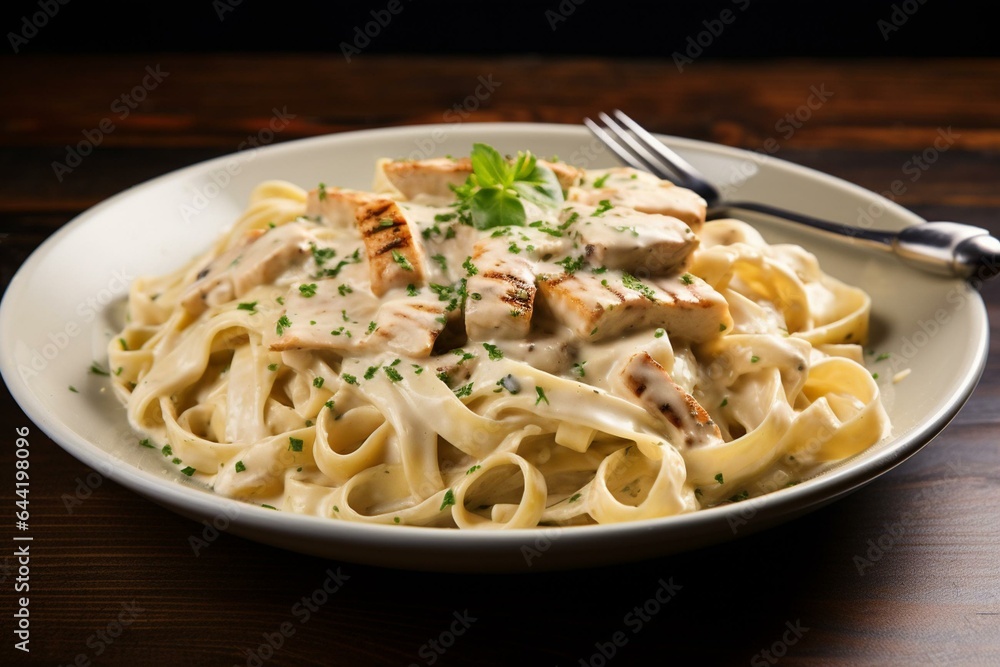 Creamy pasta dish made with chicken and fettuccine noodles in a rich Alfredo sauce. Generative AI