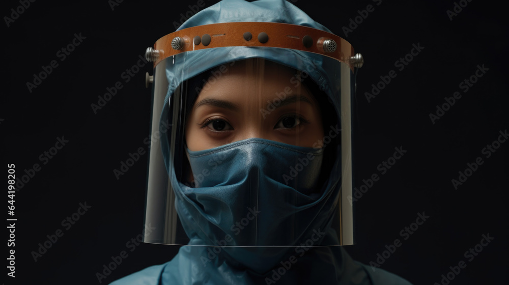 Asian Woman (Chinese, Japanese, Korean) in Hospital with Face Mask and Shield for COVID-19 Protection - Generative AI Asian Woman (Chinese, Japanese, Korean) in Hospital with Face Mask and Shield for COVID-19 Protection - Generative AI