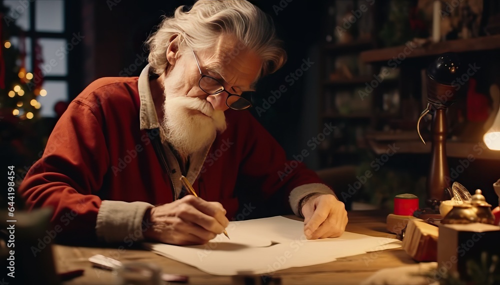 Thoughtful man writing a letter to Santa, Christmas wish list, holiday letter writing