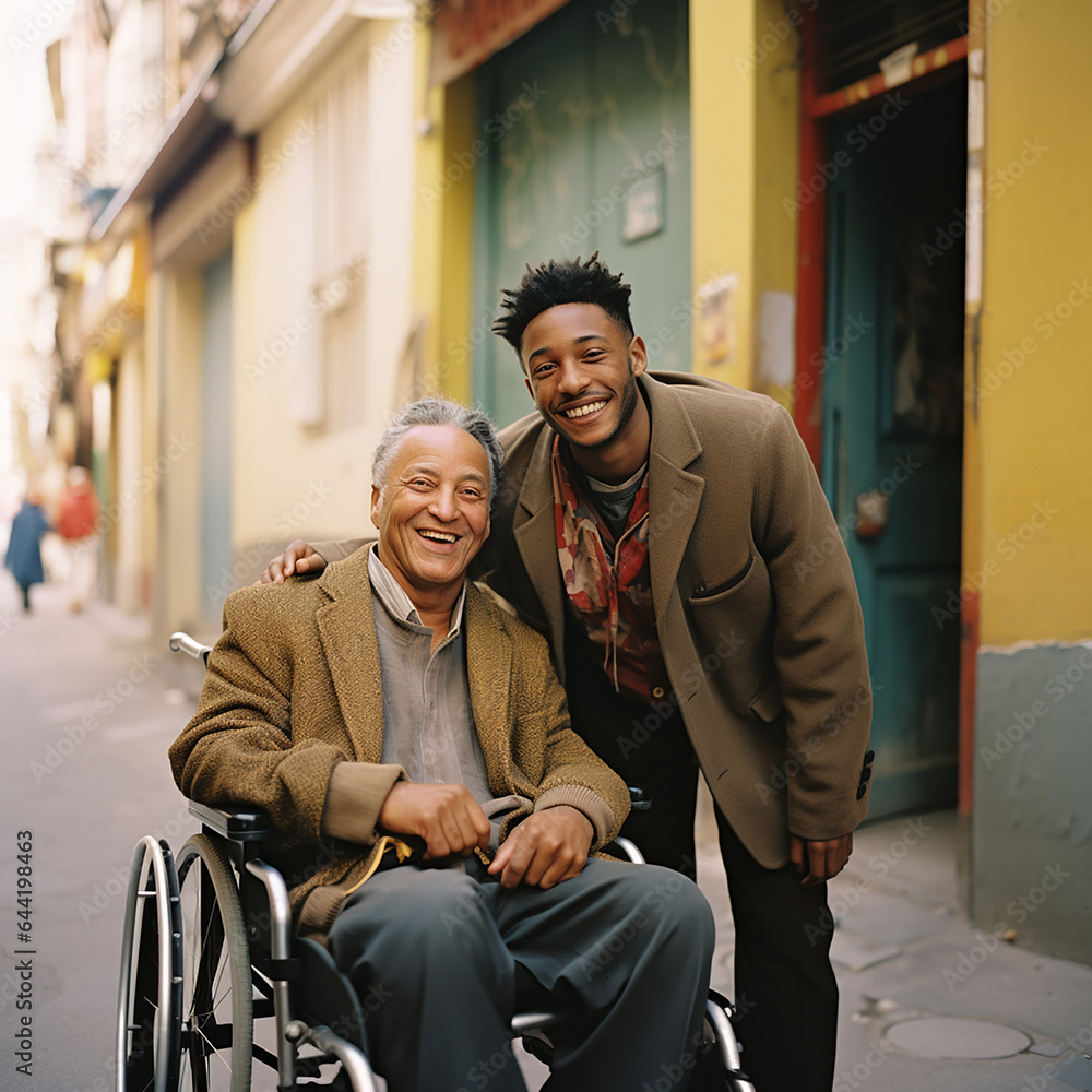 Ethnic black skinned young man assistant talking to an elderly man in wheelchair, men are smiling and happy, concept of friendship, mutual assistance for people with disabilities