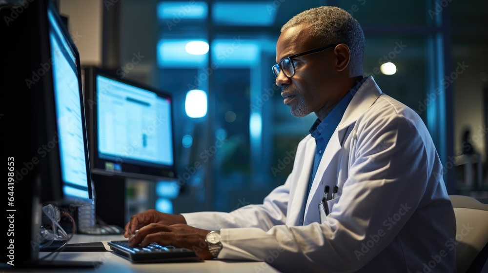 Doctor looking at patient health data records on a computer. Generative AI Doctor looking at patient health data records on a computer. Generative AI