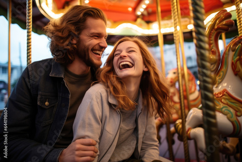  Happy young couple having fun in amusement park Prater in Vienna