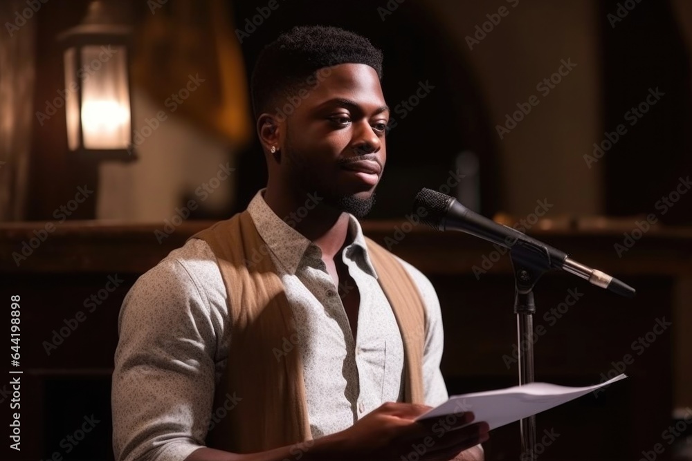 shot of a handsome young man giving an empowering speech at a poetry ...