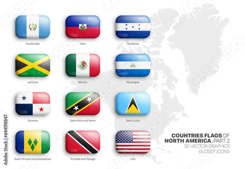 North America Countries Flags 3D Vector Rounded Glossy Icons Set Isolated On White Part 2. American Official National Flags Bright Vivid Color Bulging Round Buttons Collection On Light Background