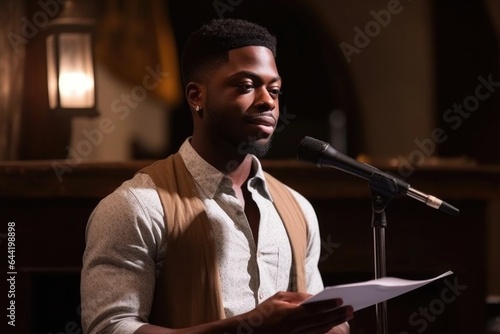 shot of a handsome young man giving an empowering speech at a poetry reading