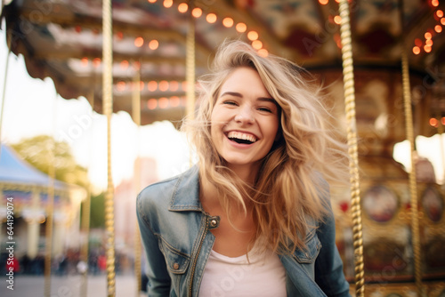  Smiling young woman having fun in amusement park Prater in Vienna photo