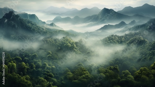 A misty mountain range seen from above