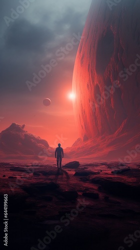 A man standing in front of a red planet