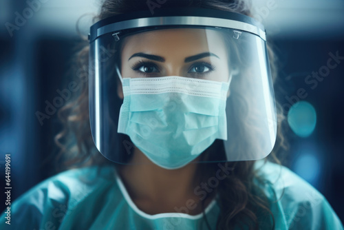 Latina Woman Nurse Doctor Surgeon in Hospital with Face Mask and Shield for COVID-19 Protection, Generative AI