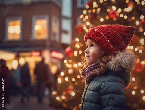 Portrait of little child at Christmas street of the city. Christmas time. © Julija