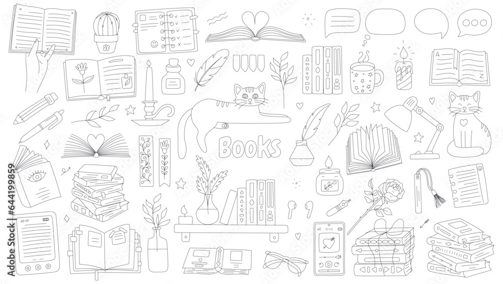 Set of books for reading lovers. Hand drawn open books, pile, stack, glasses, audiobook, ebook, books on shelf, cup of tea, cats. Black and white doodle vector illustration isolated on white.