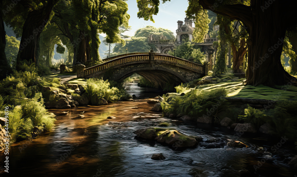 Natural landscape, bridge in the park on a summer day.
