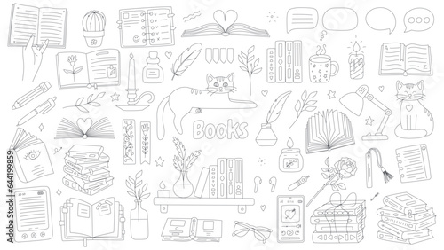 Set of books for reading lovers. Hand drawn open books, pile, stack, glasses, audiobook, ebook, books on shelf, cup of tea, cats. Black and white doodle vector illustration isolated on white.