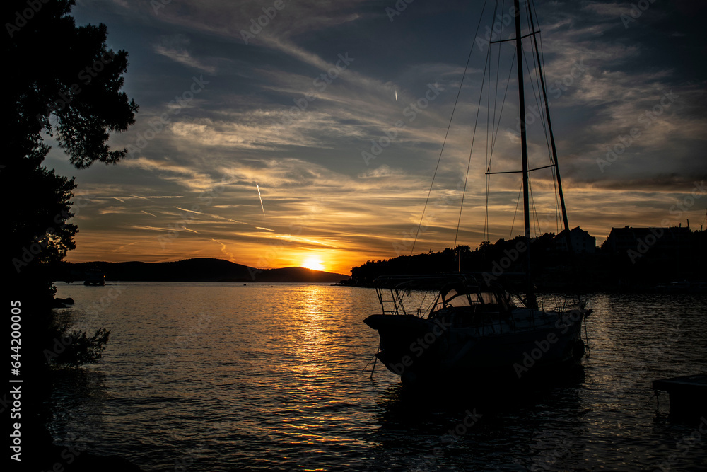 boat in sunset in lake