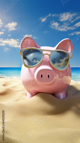 A pink piggy bank wearing sunglasses on a beach © cac_tus