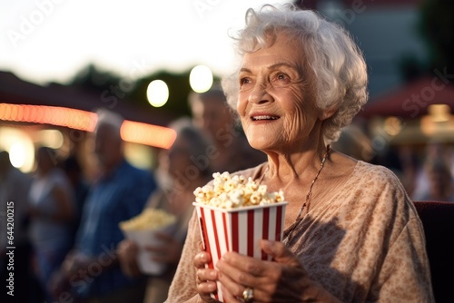 shot of a senior woman holding a popcorn and drink at an outdoor movie event