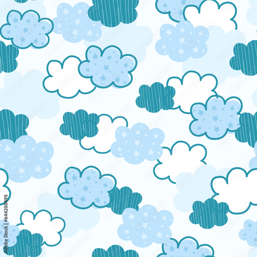 Seamless pattern with clouds. Blue sky background.  illustration for kids fabric or backdrop. Vector