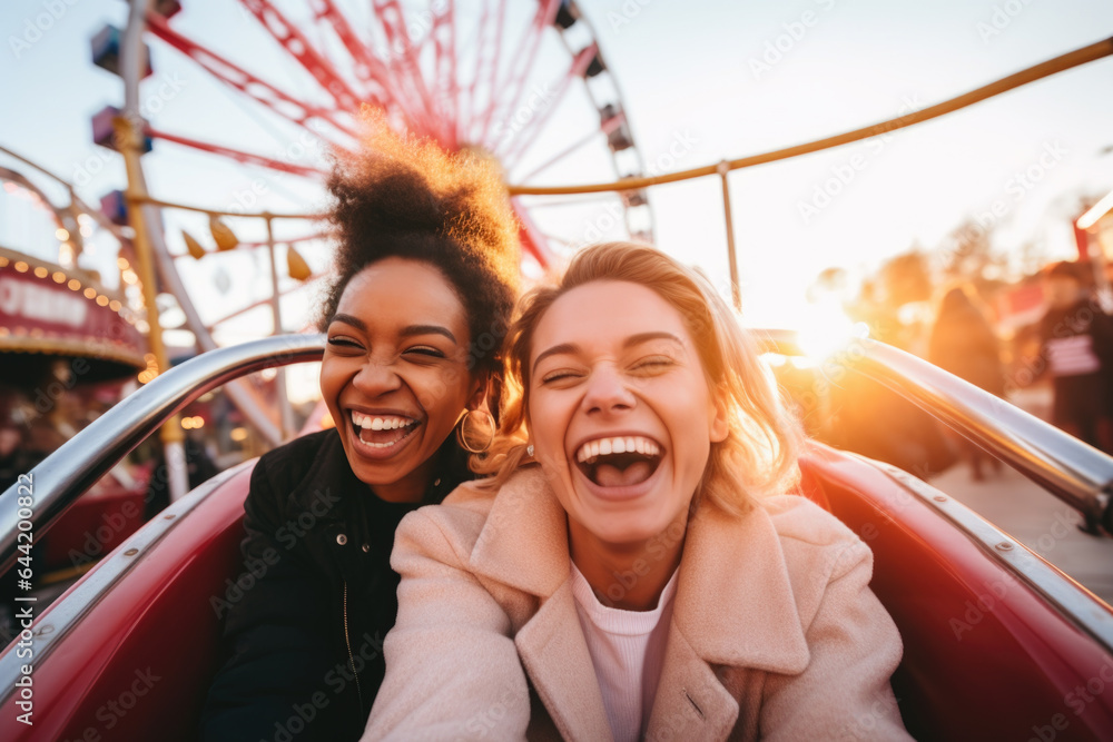 Happy young friends having fun in amusement park Prater in Vienna Happy young friends having fun in amusement park Prater in Vienna