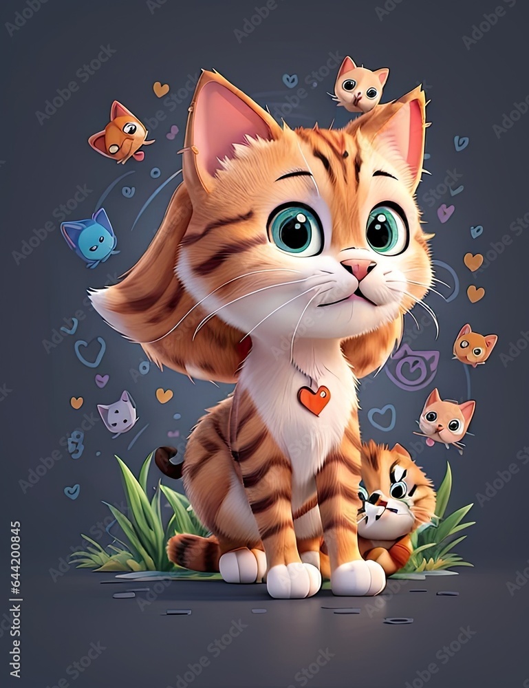 Fototapeta premium Cute cat with kittens and butterflies in the background. Vector illustration.