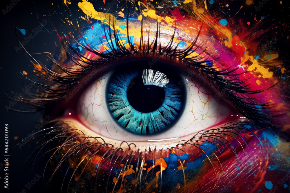 Colorful eye surrounded by colorful spaces clouds and smoke, colorful explosions, abstract image of an eye, in the style of colorful explosions.
