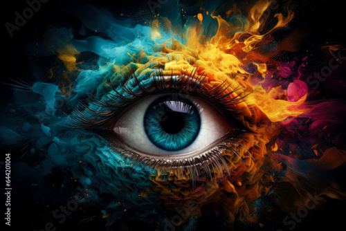 Colorful eye surrounded by colorful spaces clouds and smoke  colorful explosions  abstract image of an eye  in the style of colorful explosions.