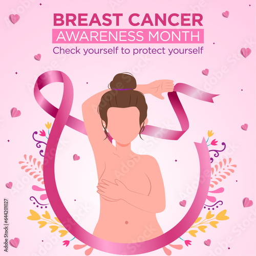 Banner del Día Internacional de lucha contra el Cáncer de mama, con listón rosa y ilustración de mujer con pechos